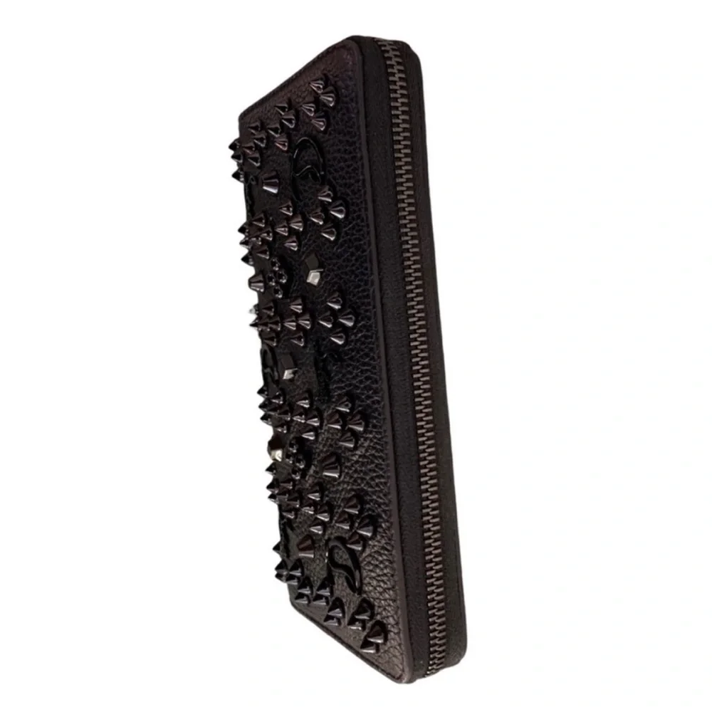Like New Used Twice Christian Louboutin Black Studded Zip Wallet with Red Accent